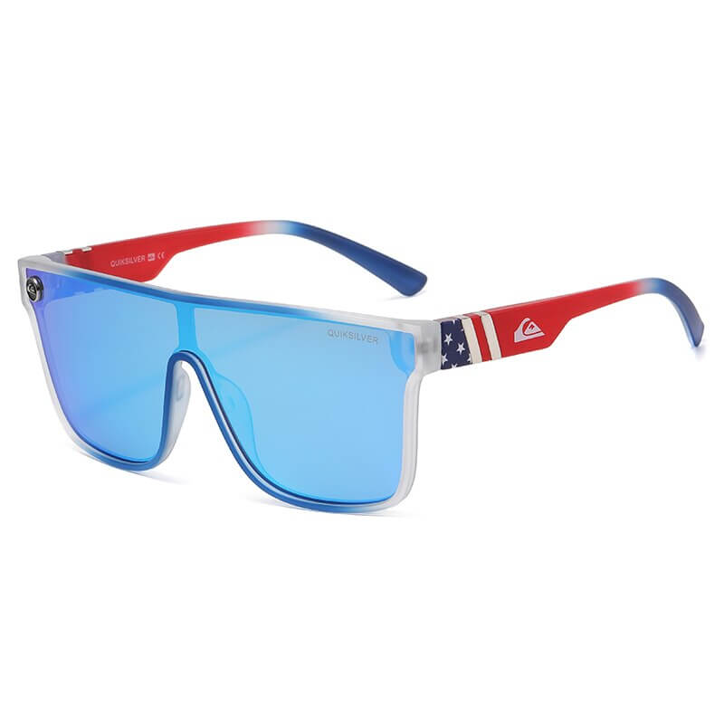 Unisex fashion large frame sunglasses with blue anti-reflective lenses and American-themed red and blue frames, offering UV400 protection.