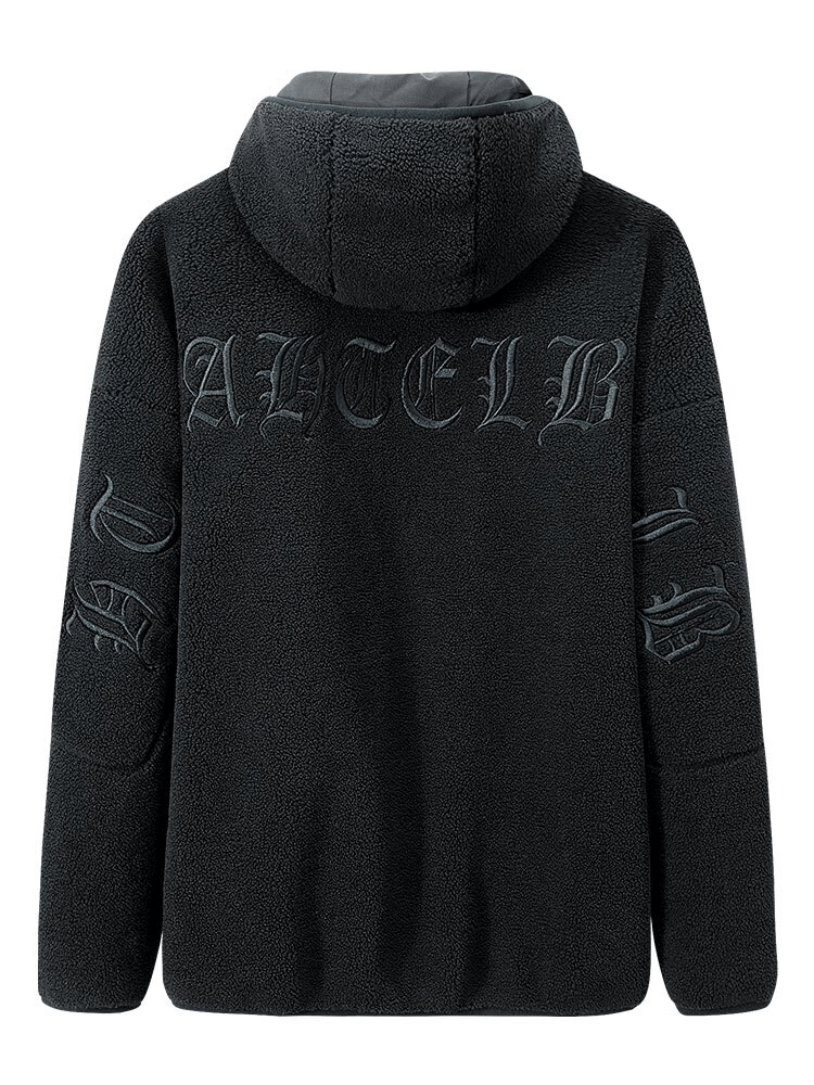 Fashion Letter Embroidery Hooded Fleece Jacket in black with oversized fit, featuring bold embroidery on back and sleeves, model SF0867.