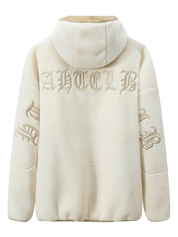 Cream hooded fleece jacket with stylish letter embroidery on back and sleeves.
