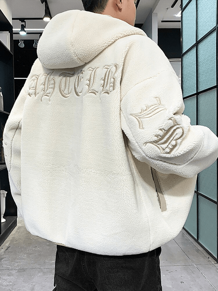 Cozy white hooded fleece jacket with stylish letter embroidery, showcasing oversized trendy fit, perfect for winter fashion.