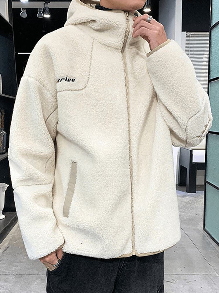 Cozy Fashion Letter Embroidery Hooded Fleece Jacket in cream, featuring a warm oversized fit and zipper closure for winter style.