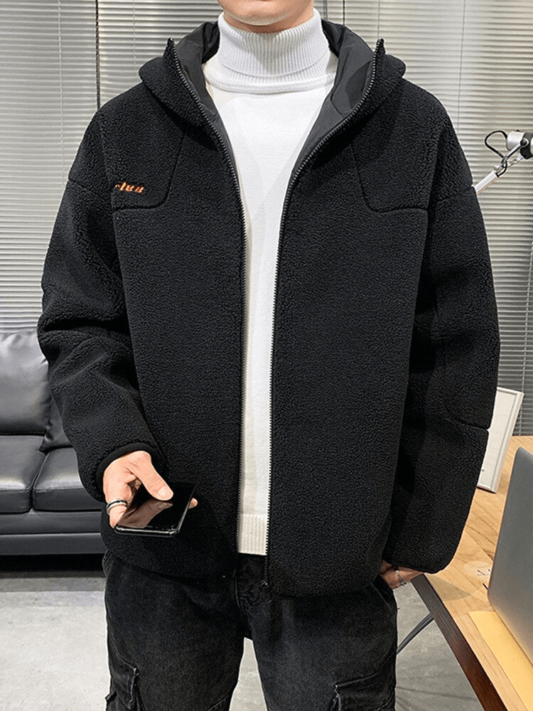 Man wearing a Fashion Letter Embroidery Hooded Fleece Jacket with a turtleneck, showcasing style and comfort, SF0867.