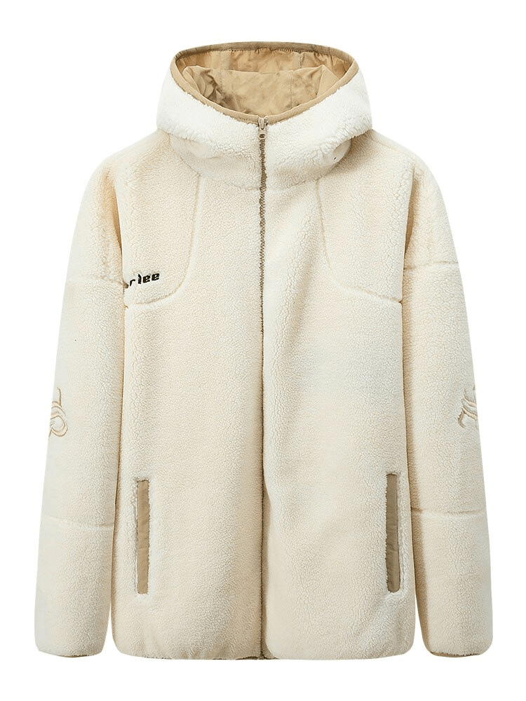 Cream hooded fleece jacket with letter embroidery and zipper closure, oversized style - SF0867