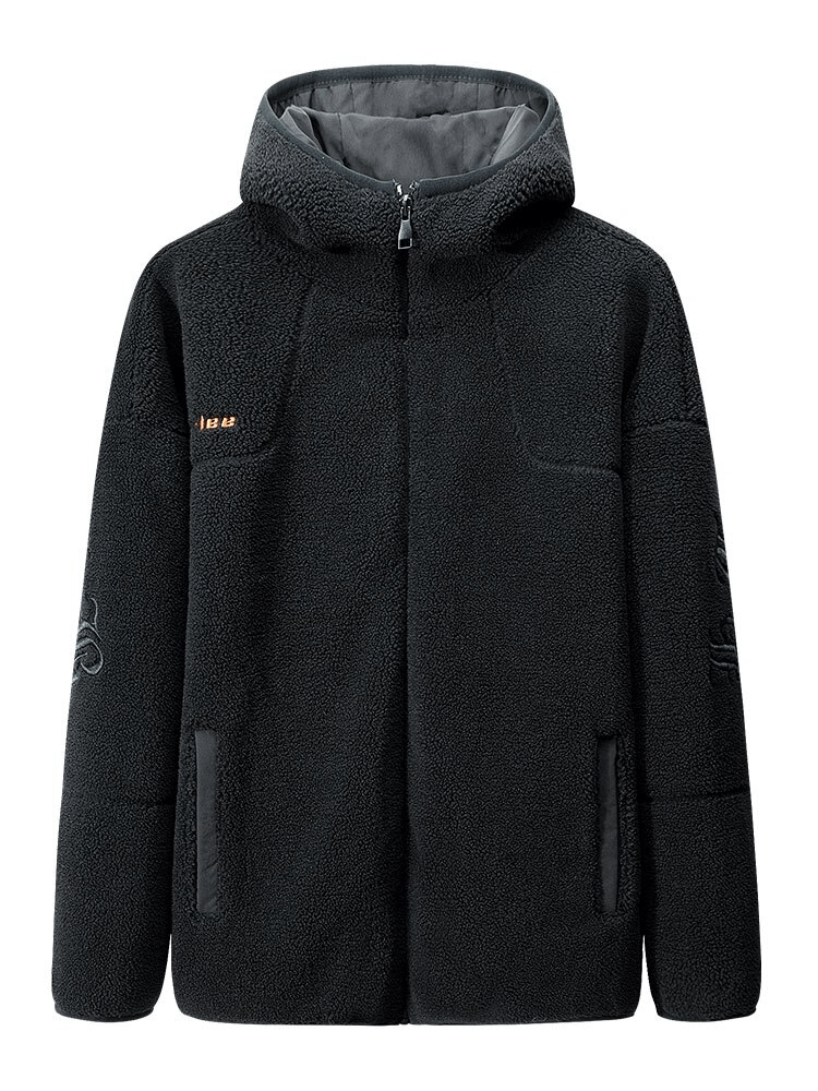 Cozy black hooded fleece jacket with letter embroidery, perfect for winter fashion. Oversized and stylish with zipper closure.