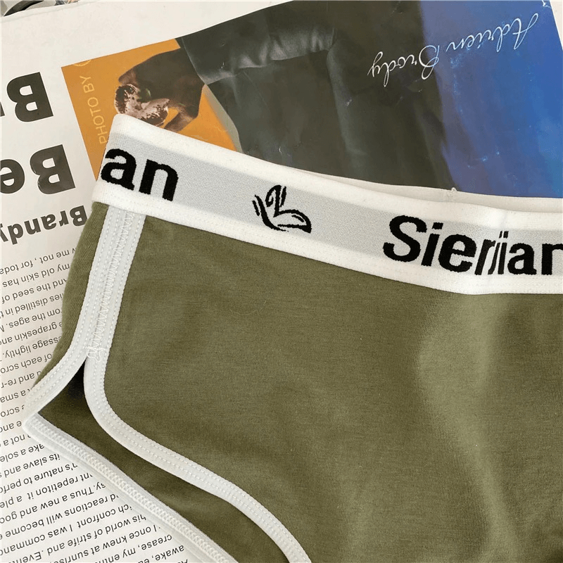 Fashionable green cotton sports brief with letter print, featuring breathable 100% cotton crotch for optimal comfort - Female Lingerie.