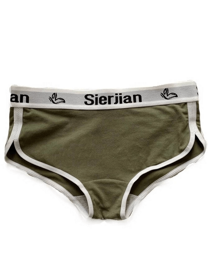 Green Fashion Letter Print Cotton Sports Brief with soft waistband and white trim for women, model SF0641, by Female Lingerie.