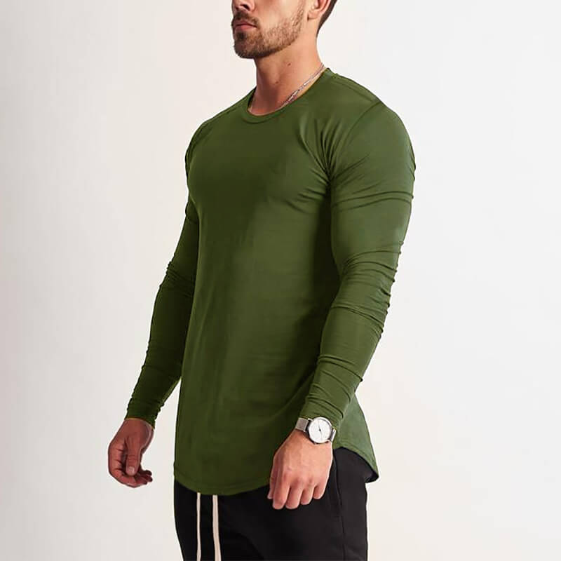 Model wearing a green long-sleeve o-neck men's sweatshirt, sporty style SF1199, perfect for casual or active occasions.