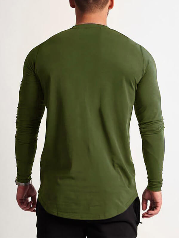 Back view of a green long-sleeved men's O-neck sweatshirt, SF1199, perfect for casual or sports style, made of cotton-poly blend.
