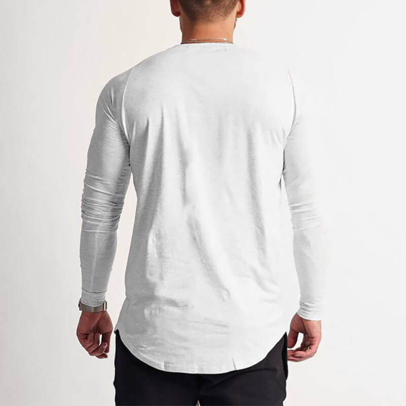 Back view of a man wearing a white long-sleeve o-neck sweatshirt, ideal for casual and sports occasions, made from cotton-polyester blend.