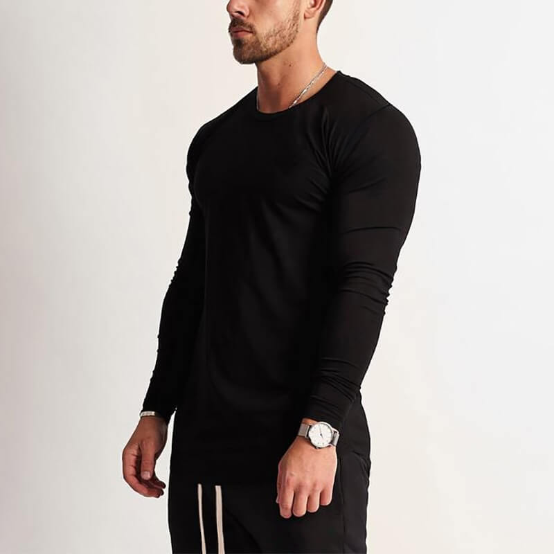 Man wearing Fashion Long Sleeves O-Neck Solid Sweatshirt SF1199, sports style, black, perfect for casual or active occasions