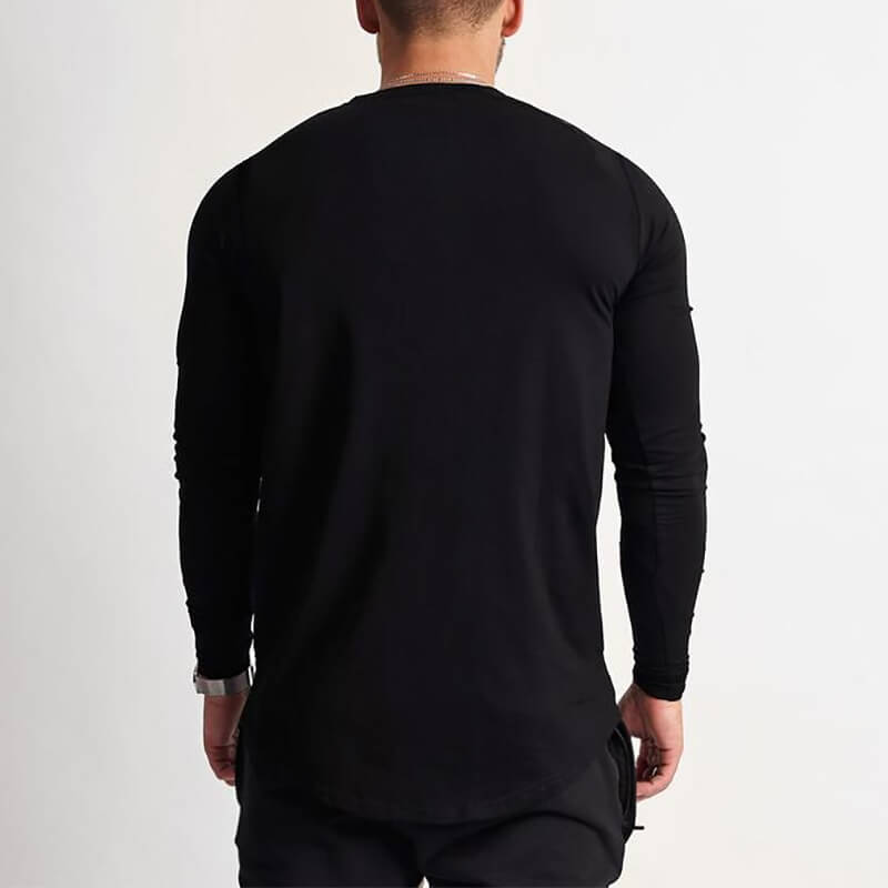 Back view of a man wearing a black long sleeve o-neck sweatshirt SF1199, sports style, made of cotton and polyester for casual wear.