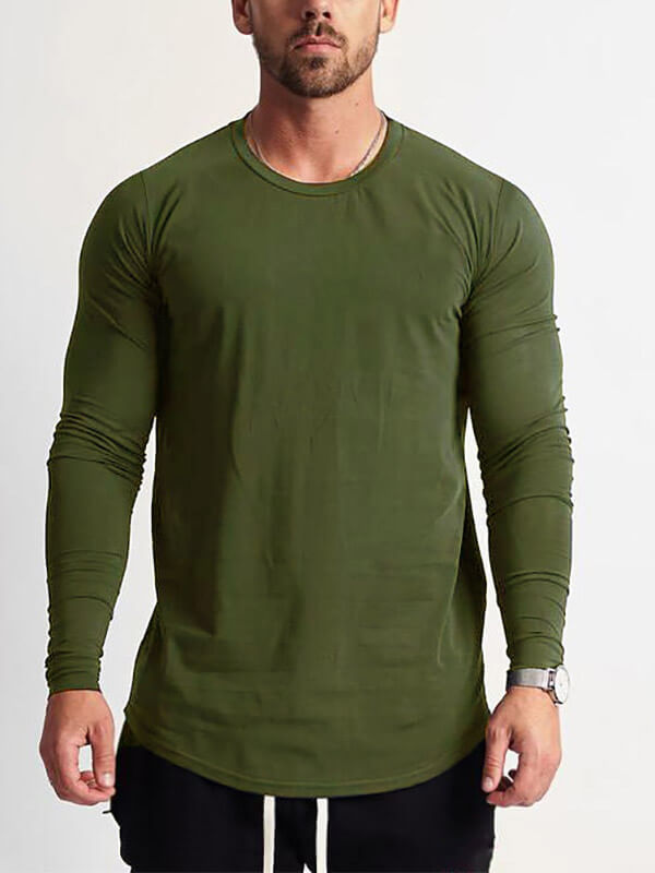 Men's green long-sleeve o-neck sweatshirt, sports style, comfortable cotton-polyester blend, perfect for casual or active wear.