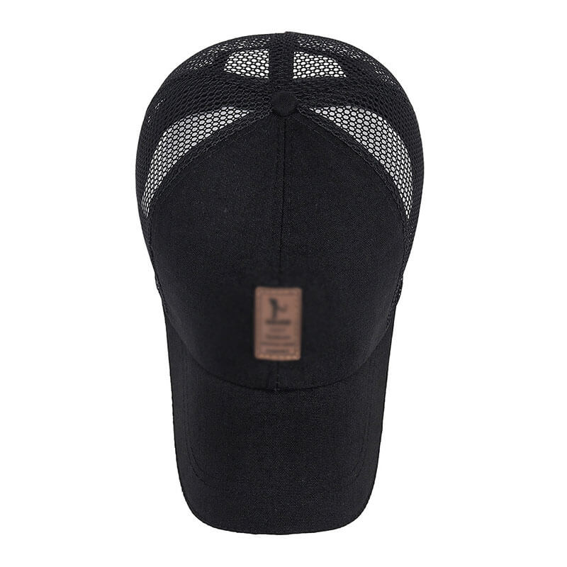 Fashionable mesh sun hat for men in black with casual visor and adjustable strap, perfect for outdoor activities. Solid canvas design.