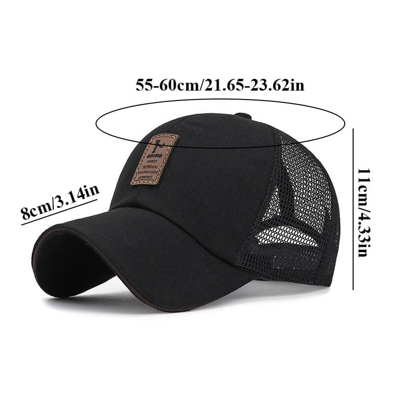 Fashion male mesh sun hat, casual visor net cap for men, black canvas with adjustable strap, ideal for outdoor activities.