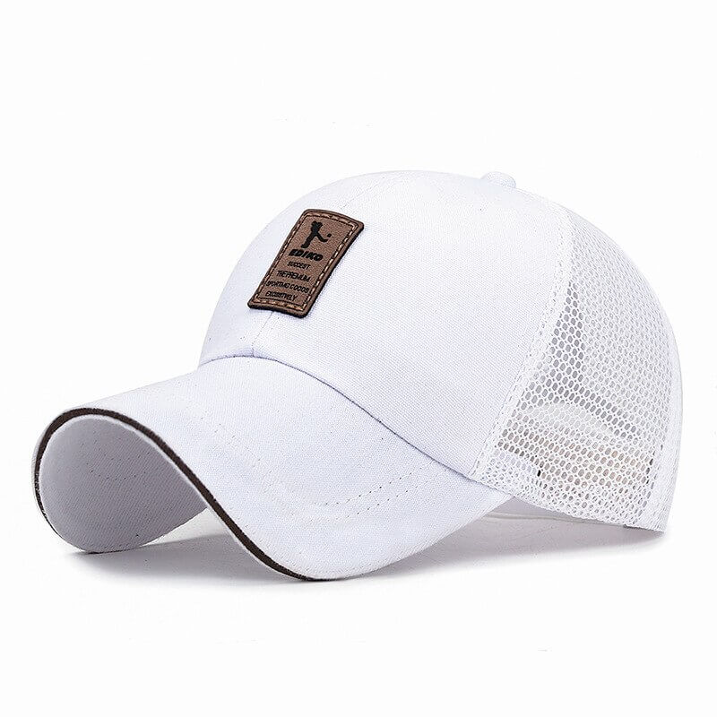 White mesh sun hat for men with adjustable strap and canvas blend, perfect for casual outdoor activities.