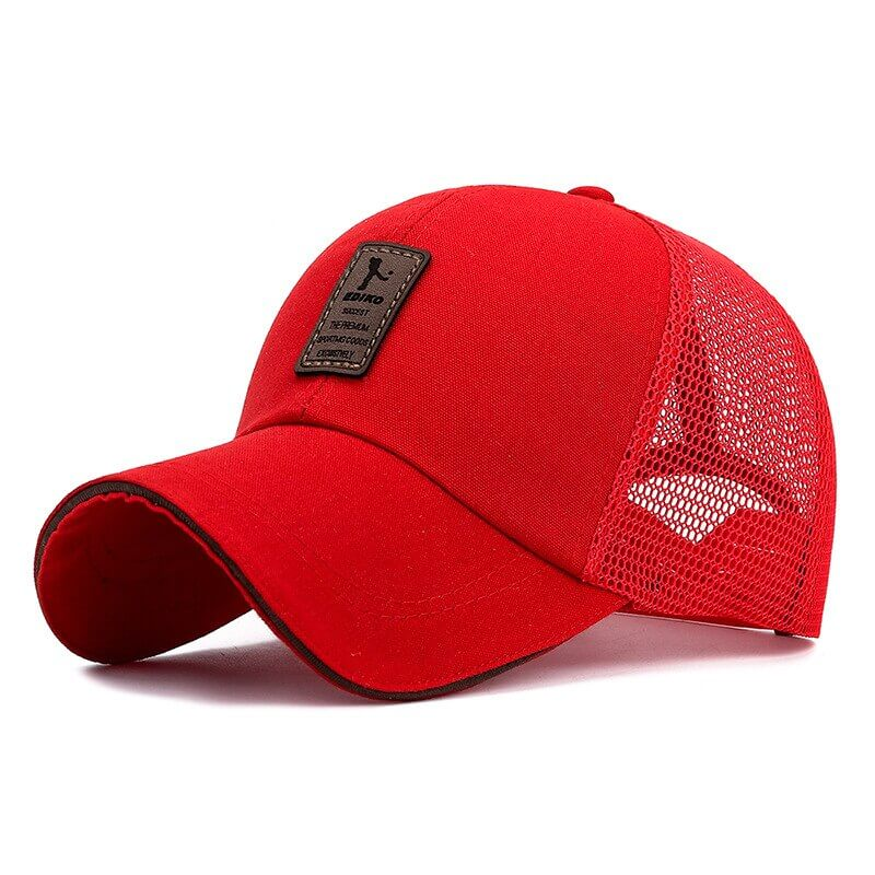 Fashion male mesh sun hat in vibrant red with adjustable visor, perfect for men seeking style and breathability in outdoor activities.