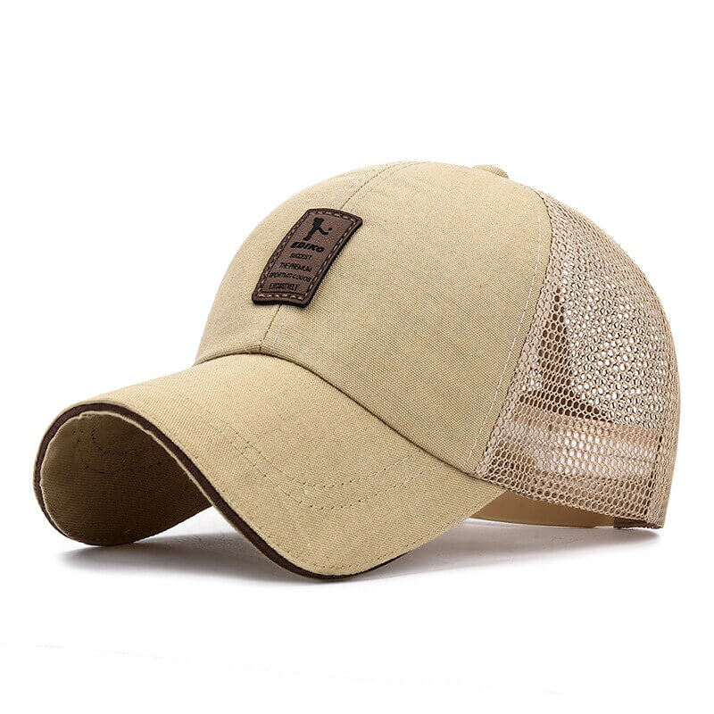 Fashionable men's mesh visor sun hat in khaki canvas, featuring a solid pattern and adjustable strap for outdoor activities.