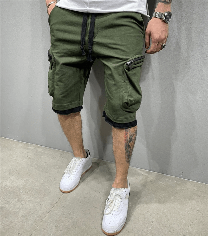 Fashion Men's Cotton Running Shorts with Zipper Pockets in green, featuring elastic waistband for a comfortable and stylish fit.