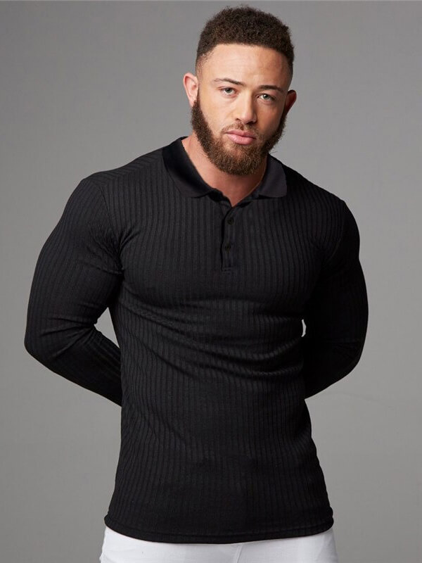 Fashion Men's Black Slim Fit Strips Knitted Top with Long Sleeves - Model SF0729