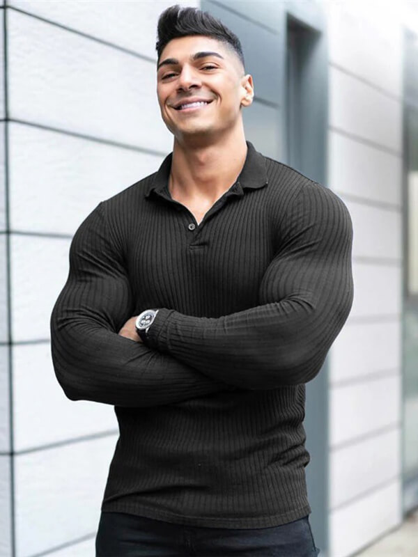 Stylish men's black slim fit long sleeve knitted top, perfect for casual or sports style.