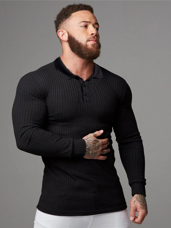 Fashion men's black long sleeve slim fit knitted top SF0729, showcasing stylish design and comfortable fit for casual or active wear.