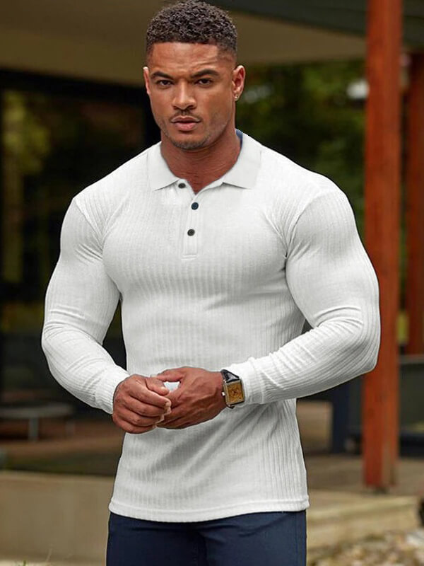 Men's white slim fit knitted top with long sleeves, showcasing a stylish casual look. Ideal for active or casual occasions.