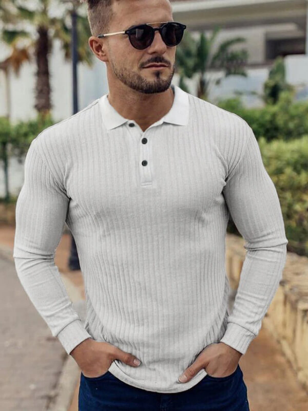 Fashion Men's Long Sleeves Slim Fit Strips Knitted Top in white, perfect for casual or sporty looks, featuring a comfortable polyester blend.