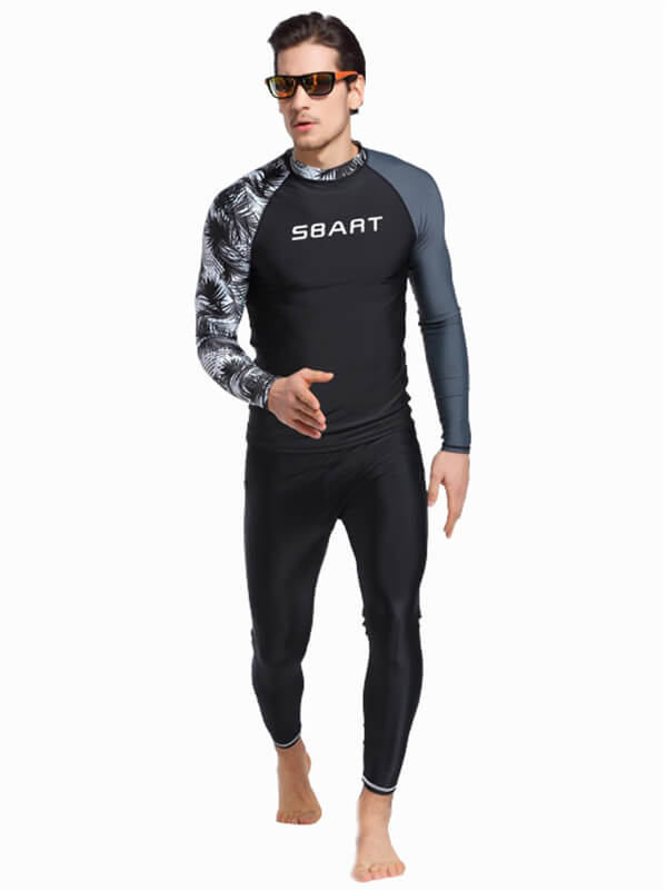 Fashion men's stretch long sleeves rashguard with print, ideal for swimming and surfing, featuring quick-dry fabric and UPF50 protection.