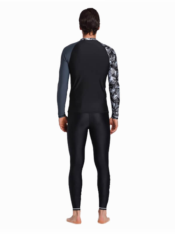 Back view of men's stretch long sleeve rashguard with print, perfect for surfing and swimming, offering UPF50 sun protection.