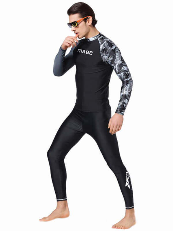 Model wearing Fashion Men's Stretch Long Sleeves Rashguard with Print SF0852, ideal for water sports, featuring comfort design.