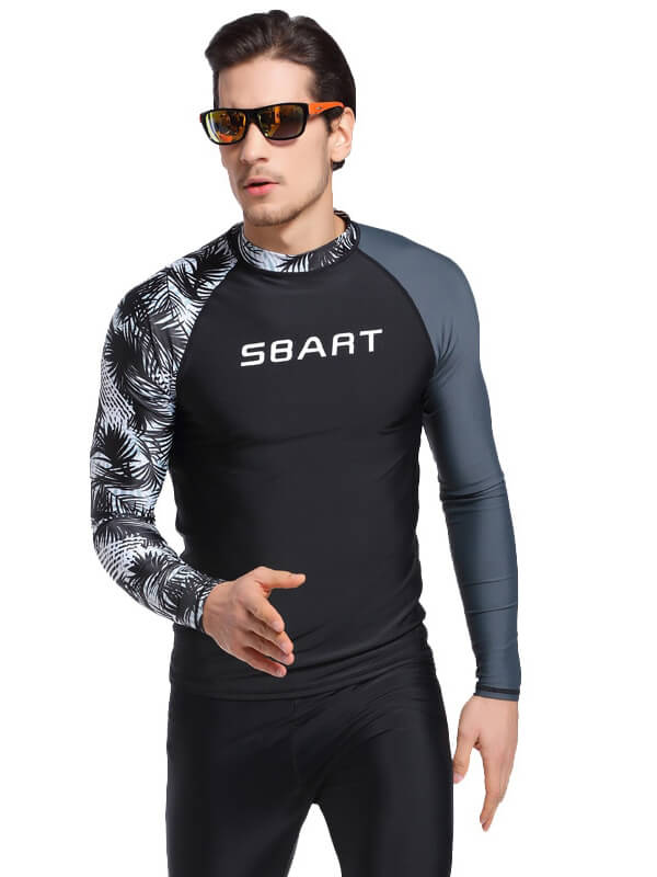 Men's stretch rashguard with print, long sleeves, quick-dry material, UPF50 protection, ideal for watersports.
