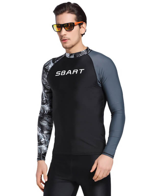 Men's stretch long sleeves rashguard with stylish print, offering comfort and UPF50 protection for swimming and surfing.