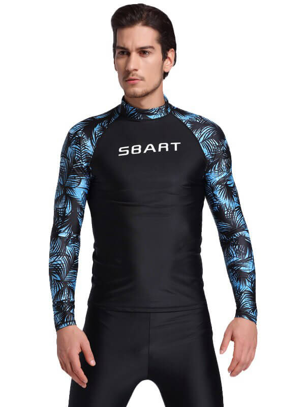 Men's stretch long sleeve rashguard with blue print, offering UPF50 sun protection, perfect for swimming and surfing.