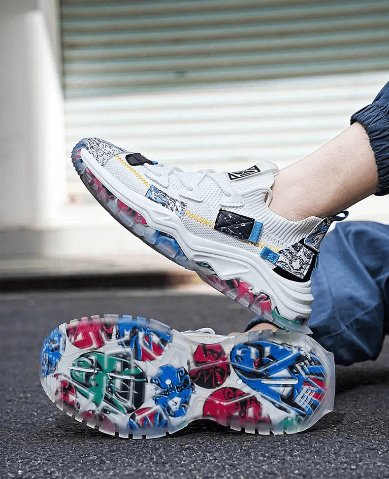 Trendy men's breathable mesh sneakers with thick colorful soles, perfect for style and comfort on any occasion.