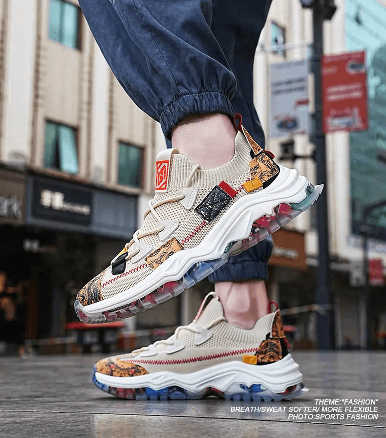 Fashionable men's sneakers with breathable mesh, thick soles, and colorful design, perfect for style and comfort in urban settings.