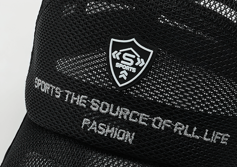 Close-up of Fashion Mesh Embroidery Design Baseball Cap with sports slogan and logo.