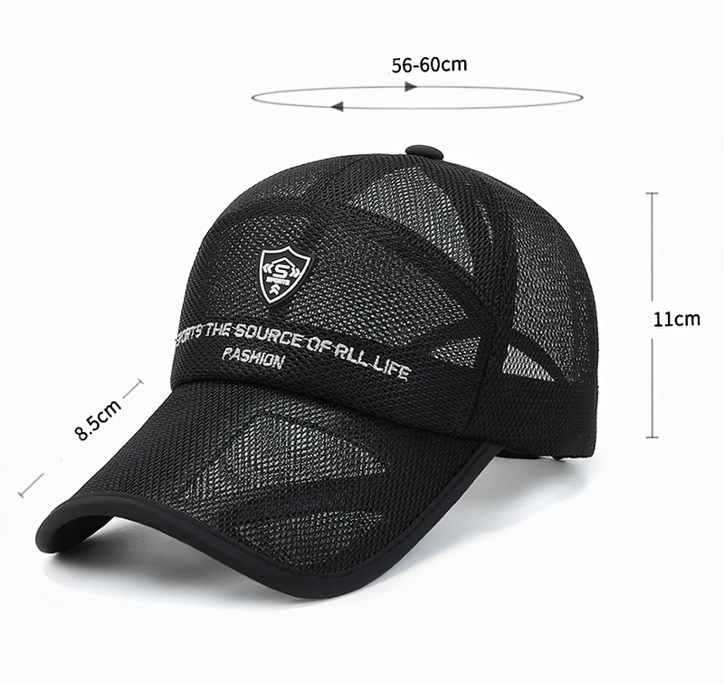 Fashion mesh embroidery baseball cap with adjustable strap for men and women, black color, unisex casual design, SF0768.