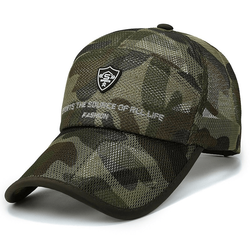 Camouflage mesh baseball cap with embroidery, adjustable strap, unisex design SF0768, perfect for sun protection and casual style.