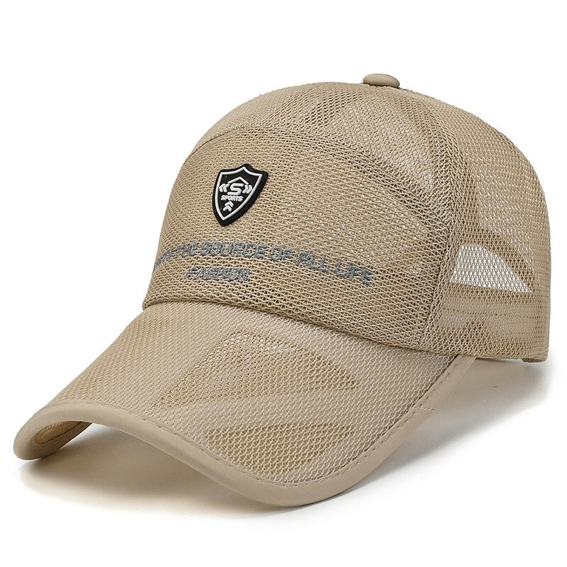 Fashion Mesh Embroidery Baseball Cap SF0768, unisex adjustable casual style, beige with shield logo, polyester sun protection hat.