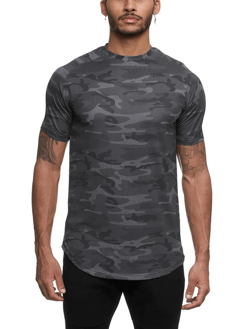 Men's fashion camo jersey t-shirt with short sleeves and o-neck, made from breathable broadcloth cotton for versatile style.