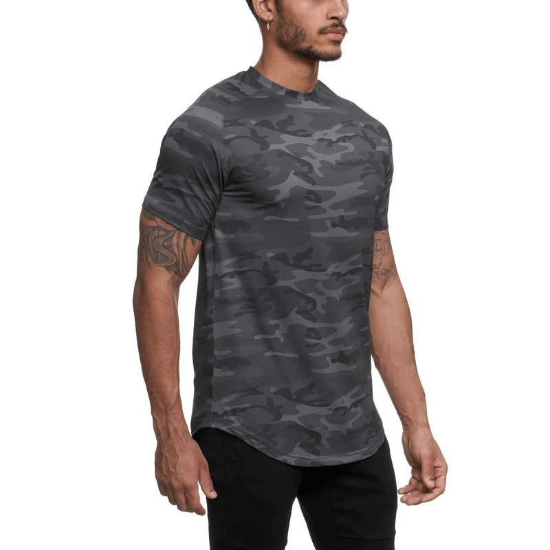 Men's camo o-neck short sleeves jersey t-shirt, breathable cotton, perfect for casual occasions.