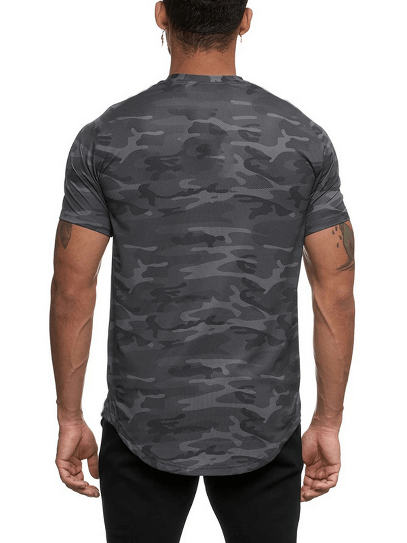 Back view of camo-patterned fashion o-neck short sleeves jersey t-shirt for men in breathable cotton fabric.