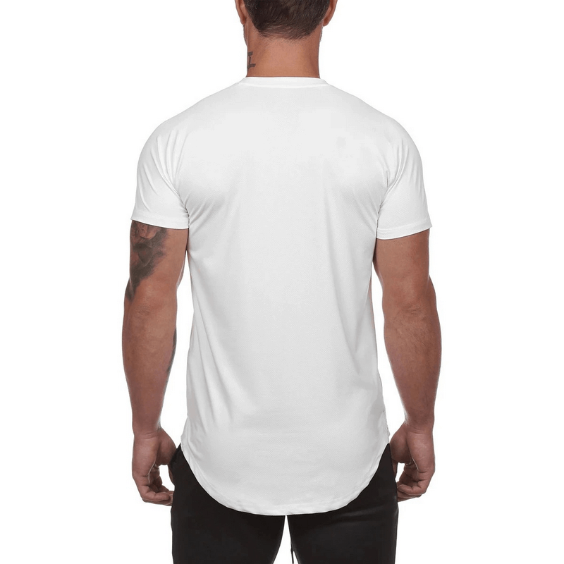 Fashionable men's white o-neck short sleeve jersey t-shirt, rear view, crafted from soft cotton, perfect for style and comfort.