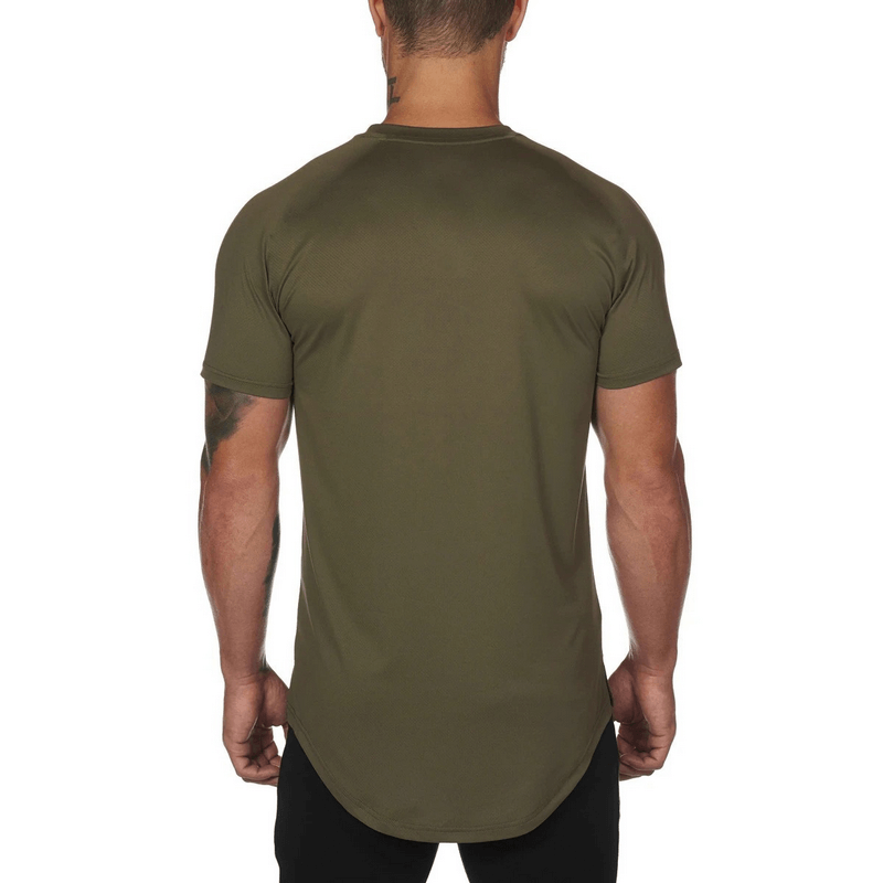 Back view of man wearing an olive green short sleeve o-neck jersey t-shirt made of cotton broadcloth, showcasing classic fit and style.