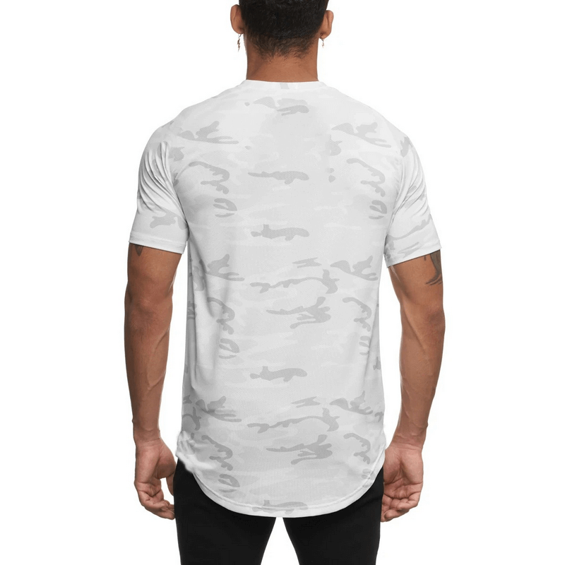 Back view of a man wearing a white camo O-neck short sleeves jersey t-shirt, showcasing breathable cotton fabric and classic design.