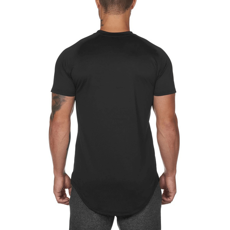 Back view of a solid black men's O-neck short sleeve jersey t-shirt, showcasing soft cotton broadcloth fabric with a timeless style.