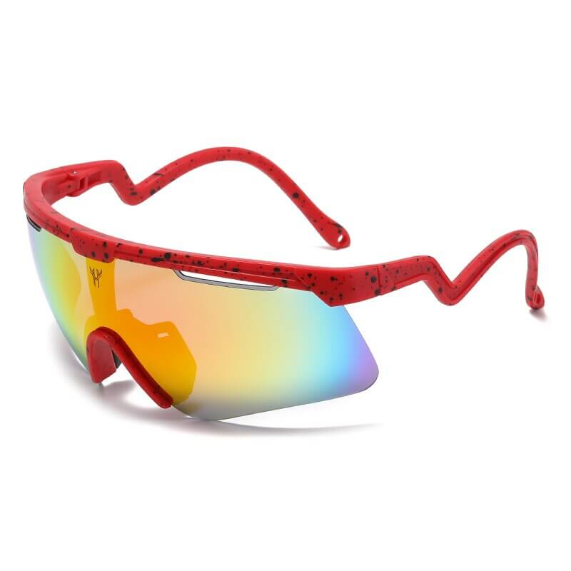 Stylish unisex fashion outdoor sunglasses with red speckled frame, rainbow lenses offering 100% UV400 protection; ideal sports eyewear SF0961.