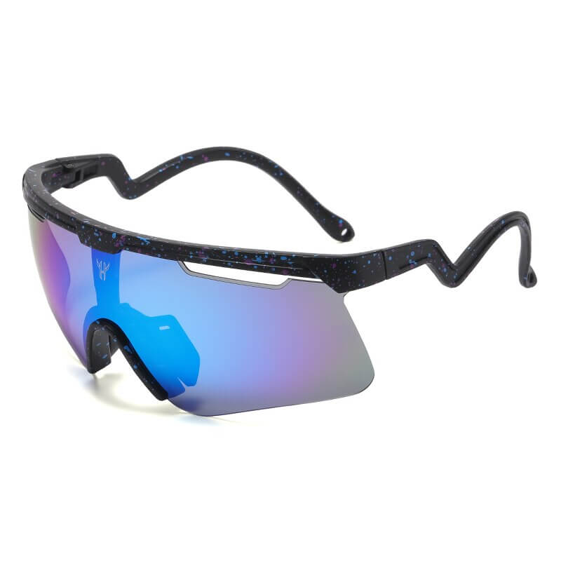 Fashion outdoor sunglasses SF0961, unisex sports eyewear with blue mirrored lenses and black speckled frame, UV400 protection.