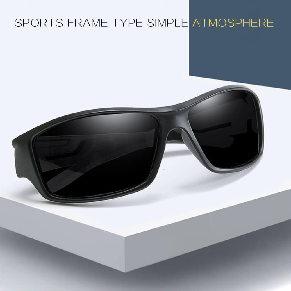 Fashion polarized sunglasses with black plastic frame and lenses on a white platform, ideal for biking and driving - SF0537