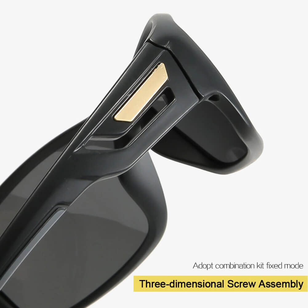 Close-up of three-dimensional screw assembly on black polarized sunglasses frame, emphasizing durable design for bike car drivers.